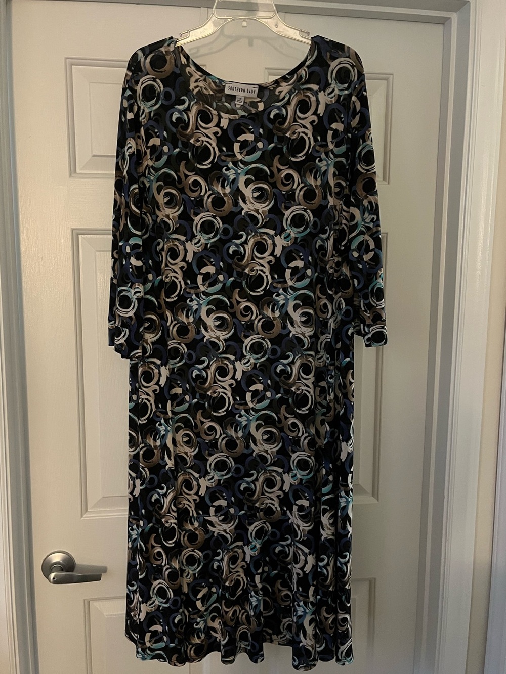Southern Lady Dress with Multi-color Blue & Beige Swirl Prin